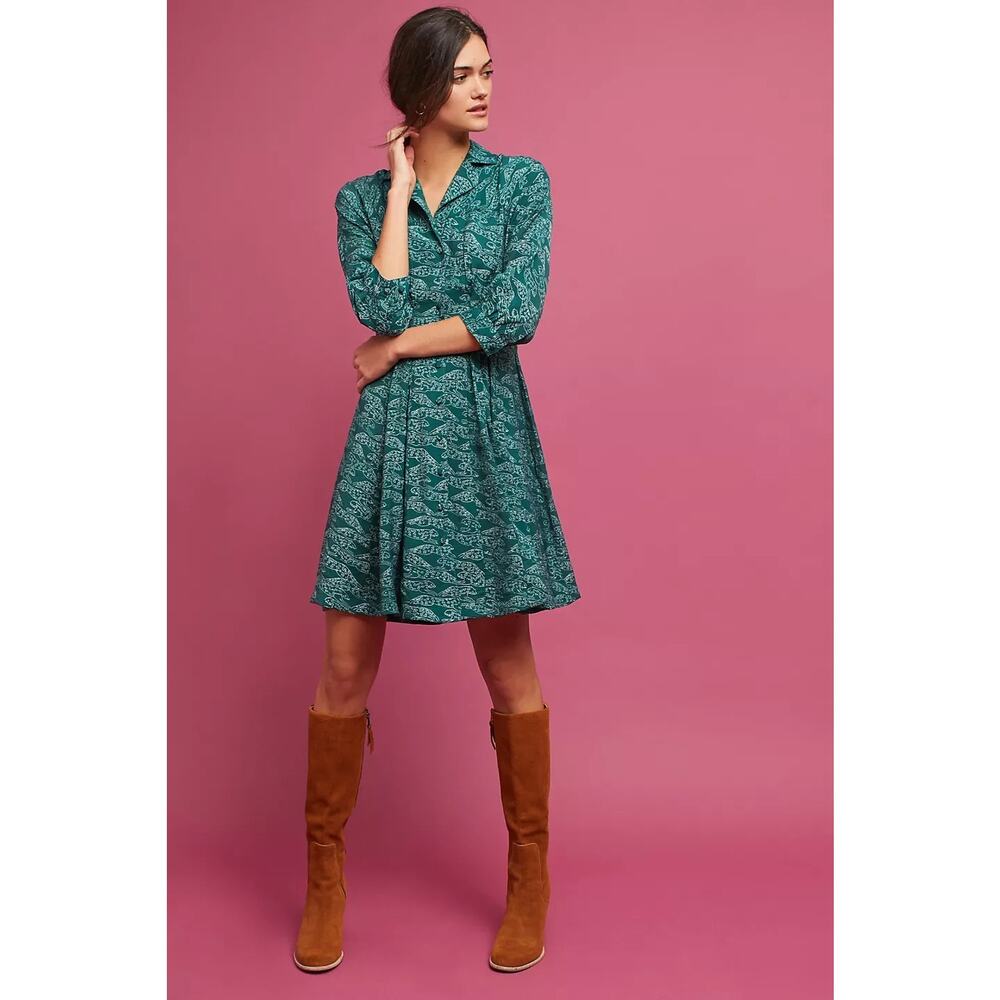 Anthropologie Teal Green Printed Mini Dress - Picture 9 of 10